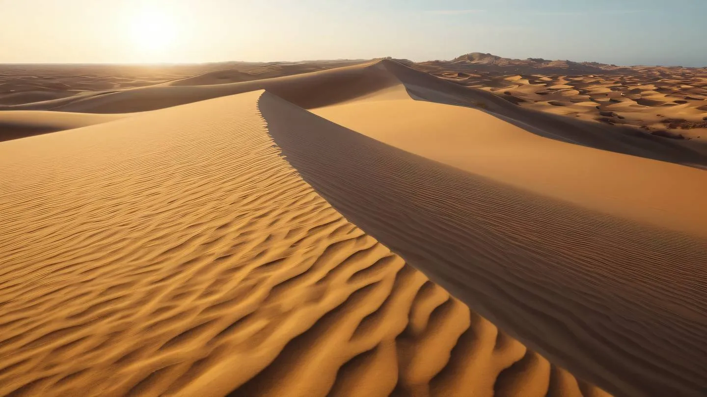 Landscape of rolling sand dunes with ripple patterns dominant colors: warm amber and golden white shot from ground level with dramatic side lighting high-quality ultra-realistic cinematic 8K UHD high resolution sharp and detail