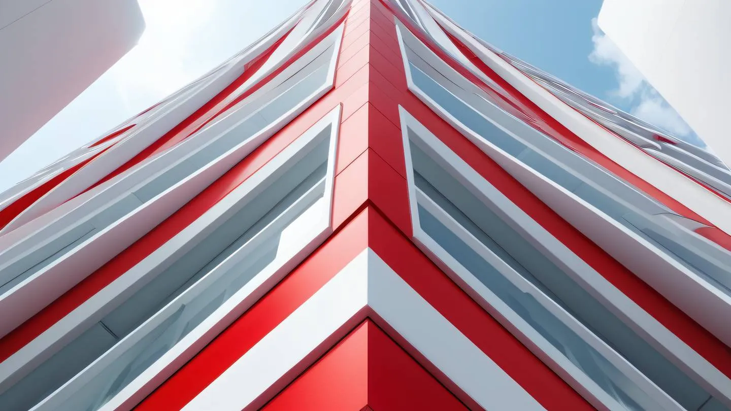 Abstract architectural structure with clean geometric lines and reflective surfaces dominant colors: bright crimson red and pure white shot from straight-on perspective with balanced composition high-quality ultra-realistic cinematic 8K UHD high resolution sharp and detail