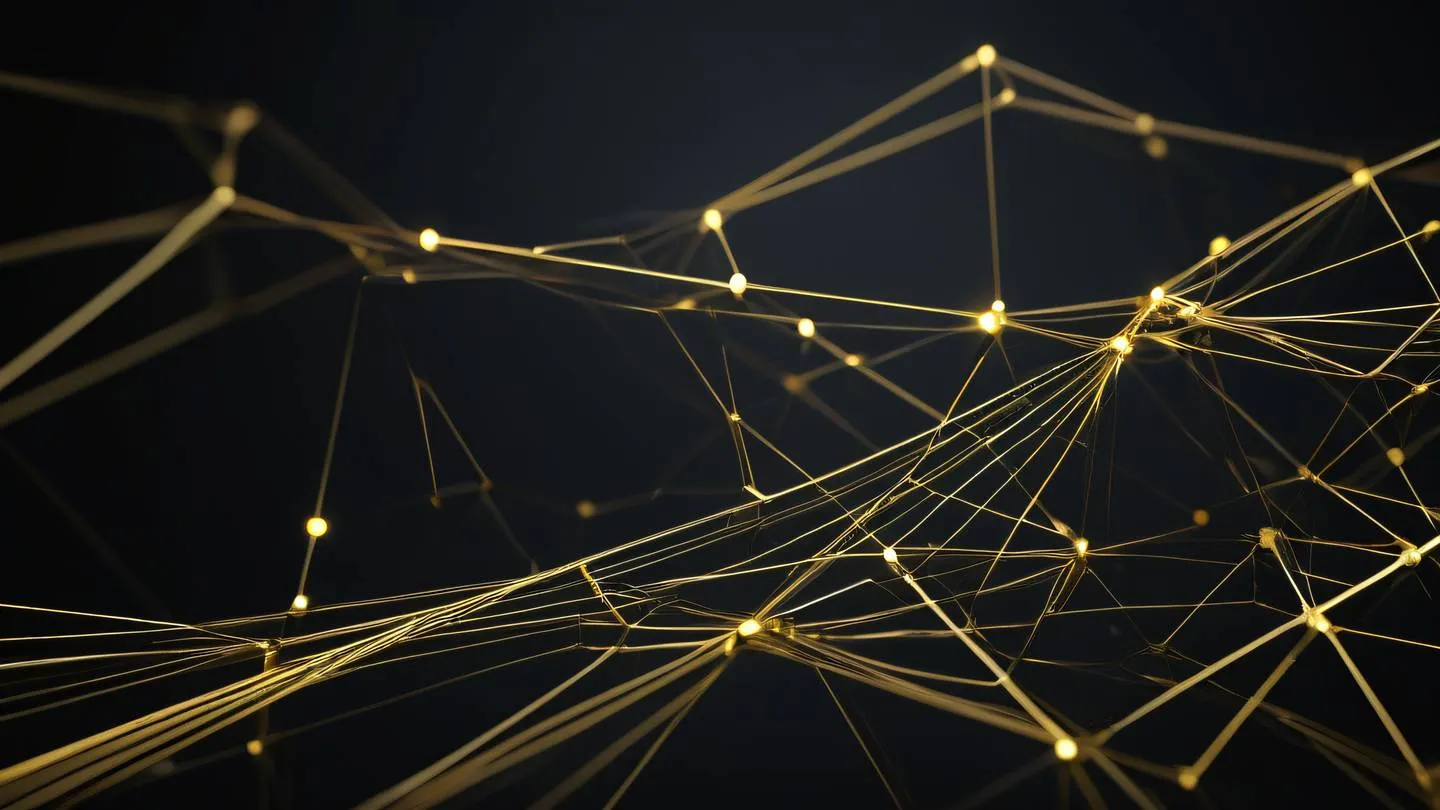 A minimalist geometric pattern resembling connected nodes and data flow using bright gold and white colors against dark background asymmetrical composition extreme close-up shot high-quality ultra-realistic cinematic 8K UHD high resolution sharp and detail