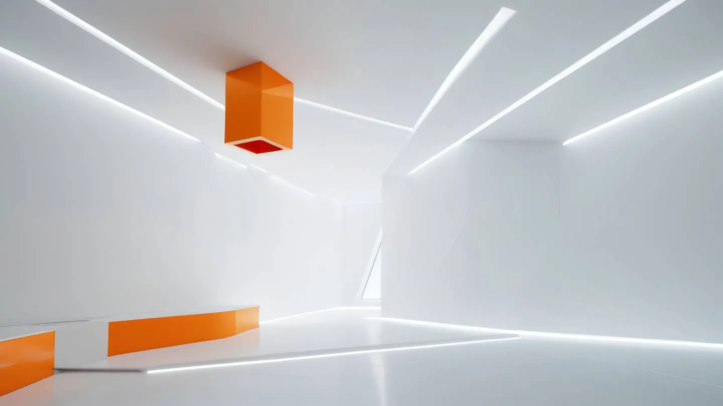 Futuristic minimalist interior with floating geometric shapes dominated by bright orange and white color scheme featuring clean lines and smooth surfaces high-quality ultra-realistic cinematic 8K UHD high resolution sharp and detail shot from a low angle perspective creating dramatic depth