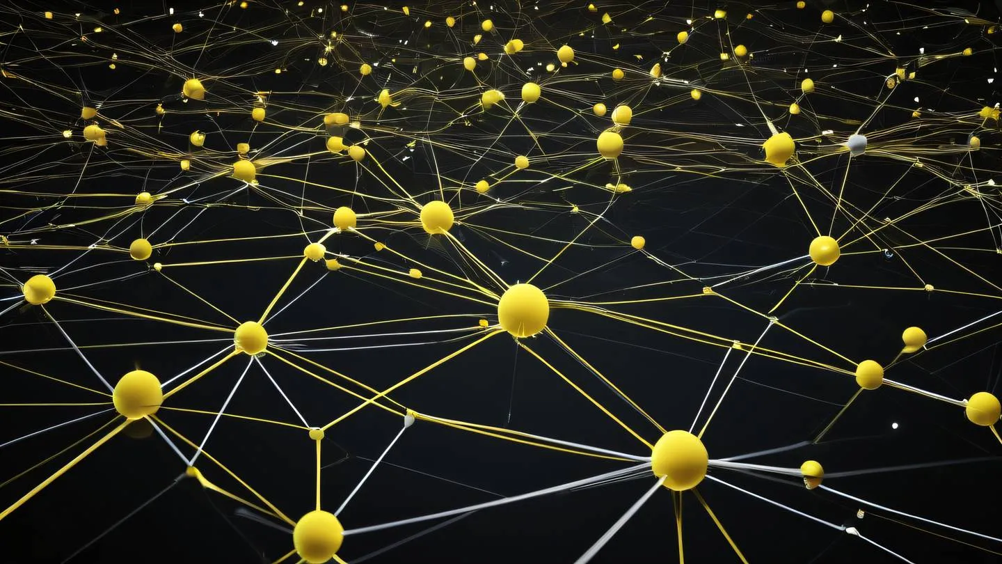 Abstract geometric network visualization with interconnected nodes and lines featuring yellow and white color palette floating in black space high-quality ultra-realistic cinematic 8K UHD high resolution sharp and detail captured from a bird's eye view