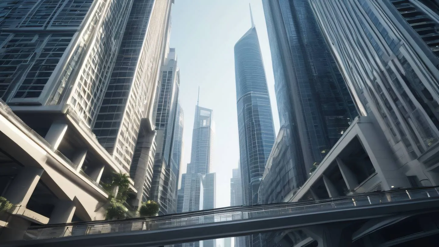 Modern cityscape with sleek skyscrapers and elevated walkways bathed in creamy and white lighting against a clear sky high-quality ultra-realistic cinematic 8K UHD high resolution sharp and detail captured from a dramatic upward angle