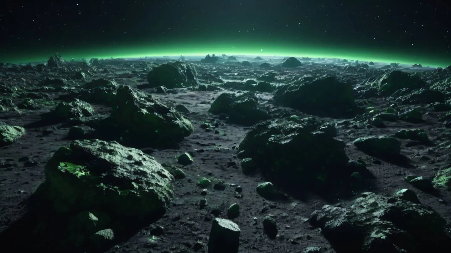 Rocky asteroid field floating in space with bright green crystalline formations emerging from dark surfaces illuminated by distant starlight high-quality ultra-realistic cinematic 8K UHD high resolution sharp and detail captured from a dynamic side angle