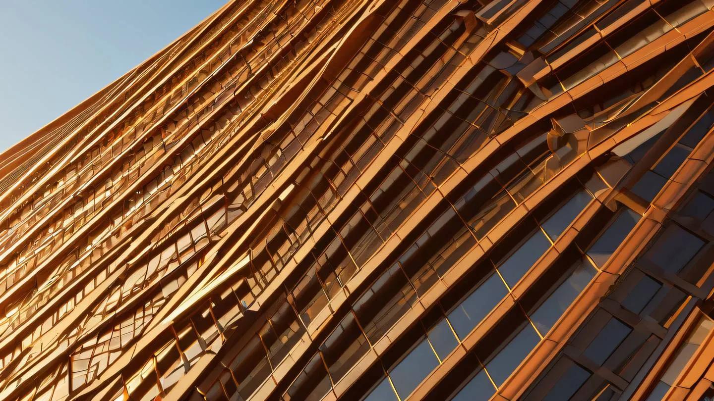 Modern architectural structure with interconnected geometric patterns featuring warm orange and golden tones reflecting sunlight photographed from a diagonal upward angle high-quality ultra-realistic cinematic 8K UHD high resolution sharp and detail