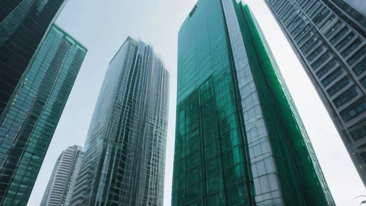 Sleek cityscape vista with modern skyscrapers dominated by emerald green glass facades and bright white architectural elements shot from a low angle perspective high-quality ultra-realistic cinematic 8K UHD high resolution sharp and detail