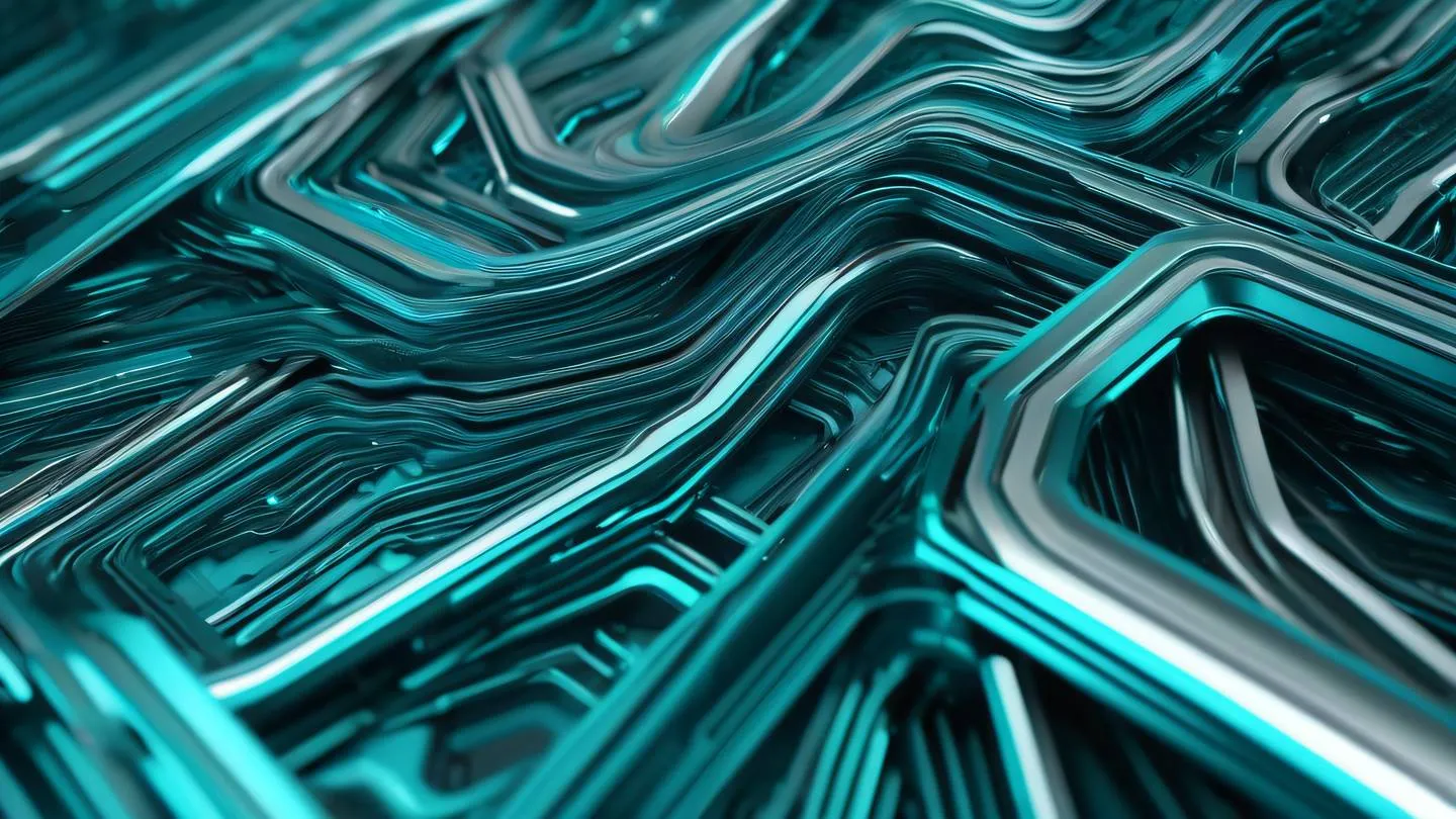 Abstract technological construct featuring flowing lines and geometric shapes in bright turquoise and metallic silver colors creating a sense of movement and connectivity captured from a dramatic side angle high-quality ultra-realistic cinematic 8K UHD high resolution sharp and detail