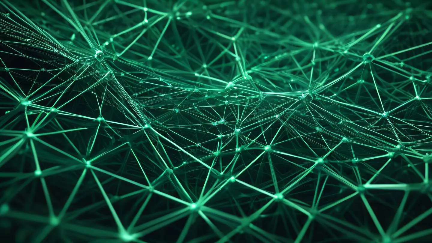 Abstract geometric patterns of interconnected nodes and pathways featuring emerald green and silver tones representing network connectivity and error handling. Shot from 45-degree angle high-quality ultra-realistic cinematic 8K UHD high resolution sharp and detail