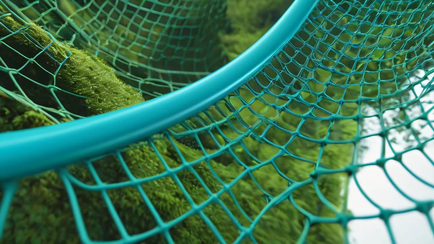 Abstract representation of a safety net or protective barrier using curved lines and geometric shapes in turquoise blue and fresh moss green colors. Shot from a low angle perspective high-quality ultra-realistic cinematic 8K UHD high resolution sharp and detail