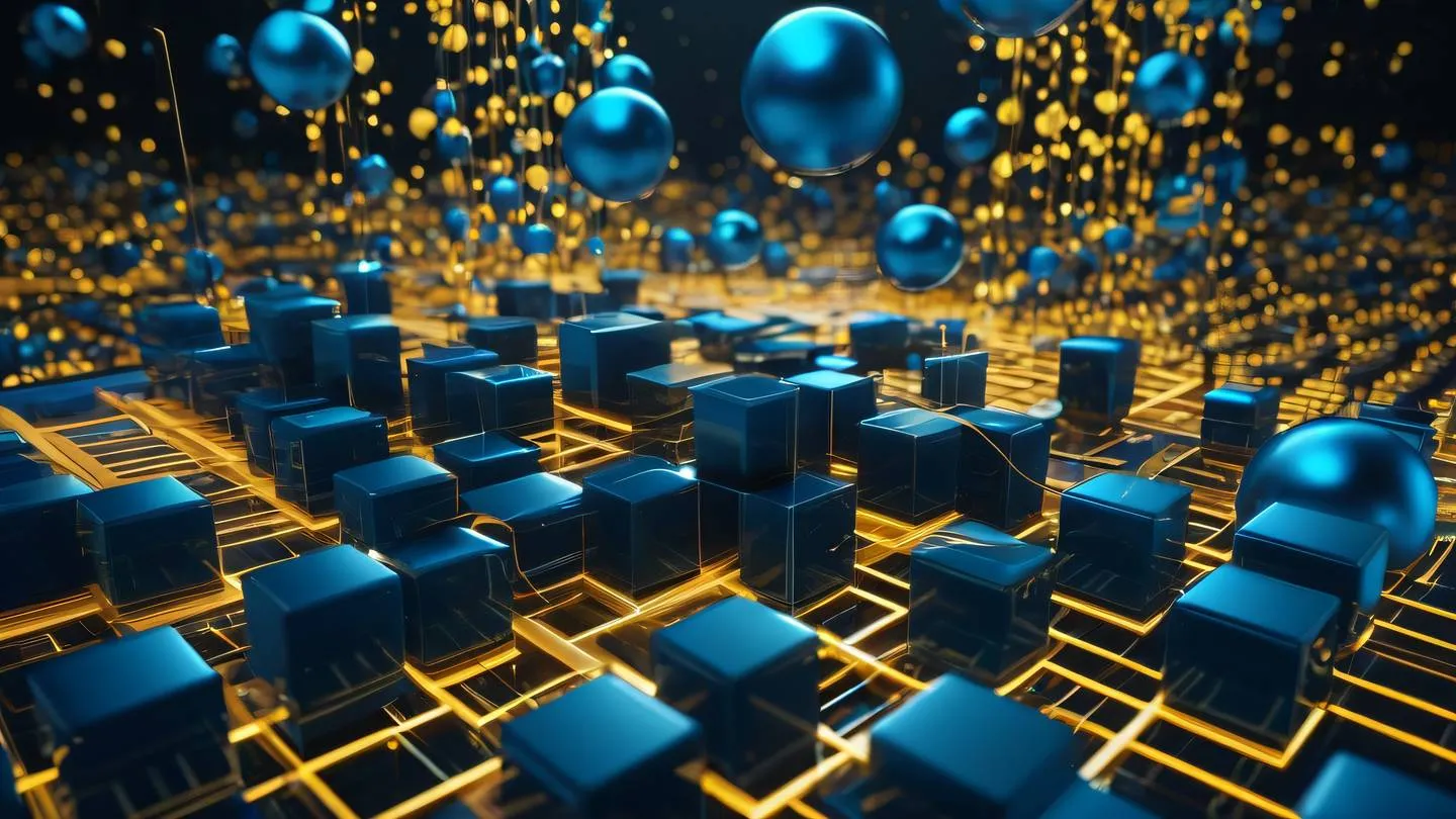 Abstract 3D geometric data flow visualization floating cubes and spheres representing API data transfer bright neon blue and gold colors flowing energy streams ultra-realistic cinematic 8K UHD high resolution sharp and detail camera angle: wide establishing shot