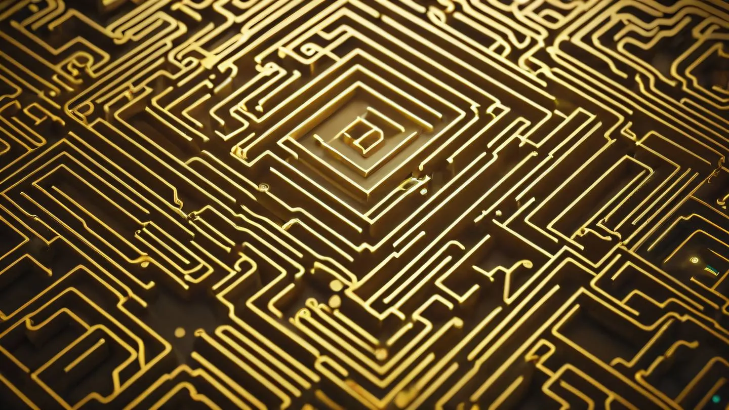 Aerial view of intricate circuit board patterns forming a maze-like structure butterscotch yellow and white color scheme electronic pathways glowing with energy ultra-realistic cinematic 8K UHD high resolution sharp and detail camera angle: top-down bird's eye view