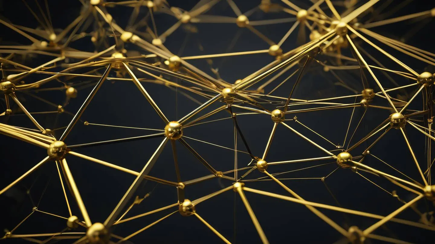 Dynamic 3D visualization of interconnected nodes and pathways bright gold and black color palette floating geometric shapes representing data nodes ultra-realistic cinematic 8K UHD high resolution sharp and detail camera angle: low angle looking up