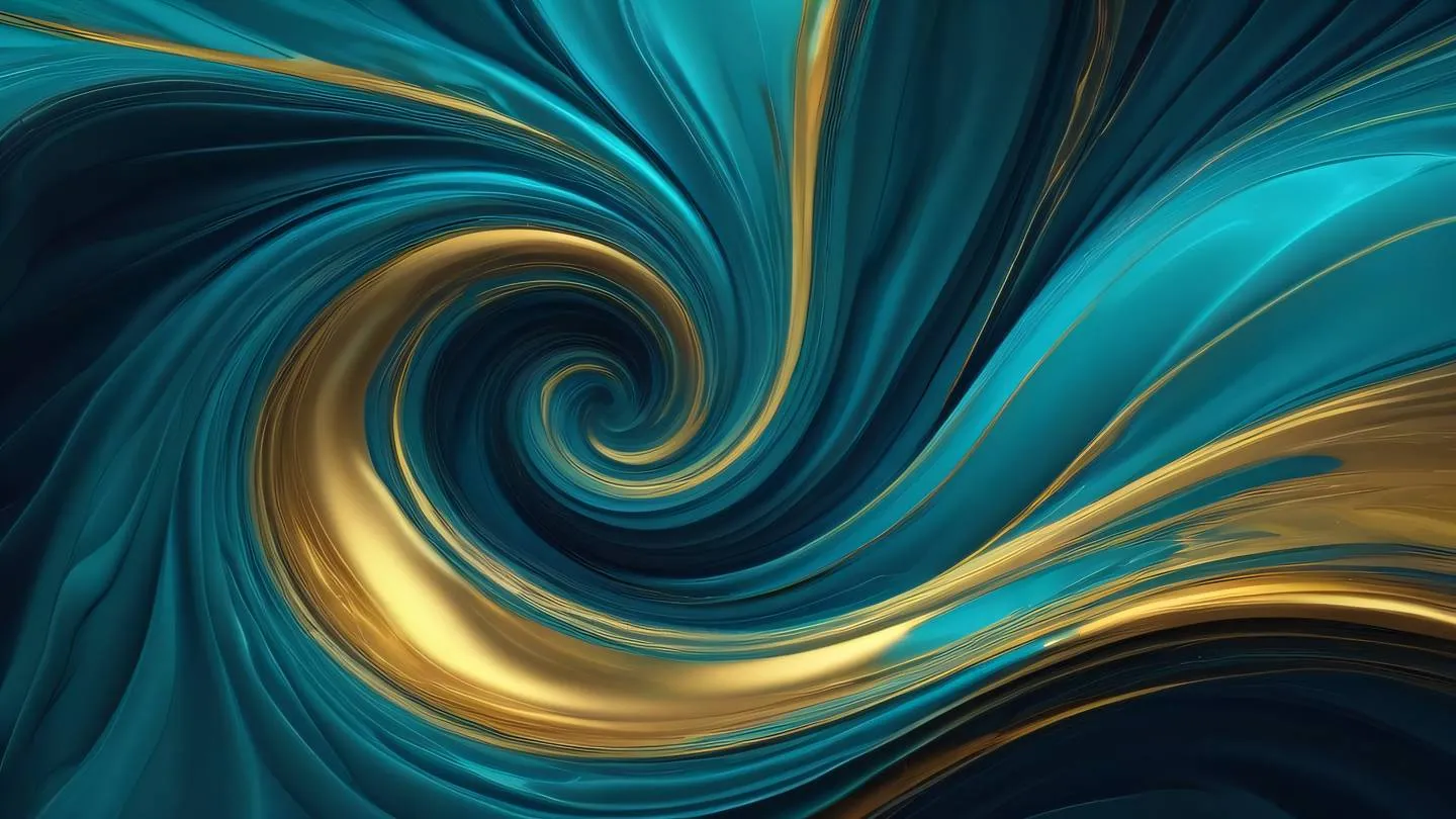 Abstract fluid motion representing data flow dynamic swirling patterns in bright turquoise and golden colors against navy background captured from top-down perspective high-quality ultra-realistic cinematic 8K UHD high resolution sharp and detail