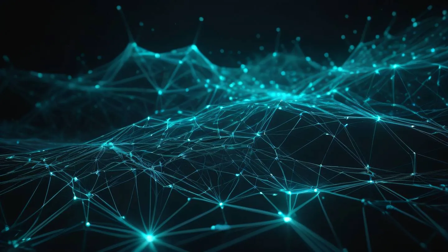 Geometric network of interconnected nodes and pathways flowing streams of light in iridescent and cyan colors against black backdrop shot from isometric angle high-quality ultra-realistic cinematic 8K UHD high resolution sharp and detail