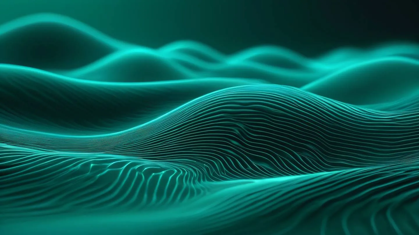 Organic flowing shapes representing data streams holographic ripples and waves in bright teal and silver colors against deep green background captured from dutch angle high-quality ultra-realistic cinematic 8K UHD high resolution sharp and detail