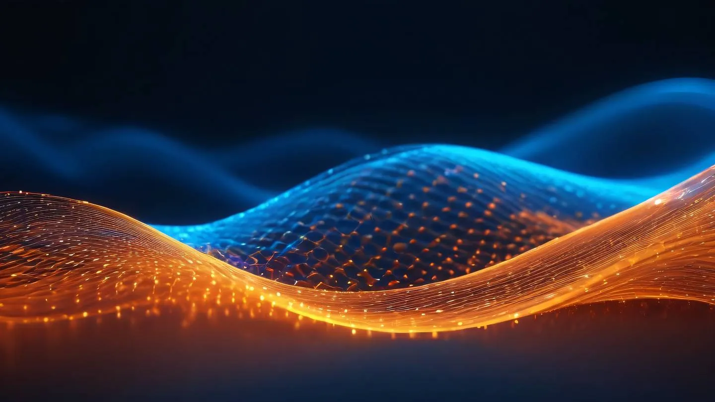 Abstract digital waves and particles in motion flowing energy streams in bright orange and electric blue colors against iridescent background shot from low angle perspective high-quality ultra-realistic cinematic 8K UHD high resolution sharp and detail