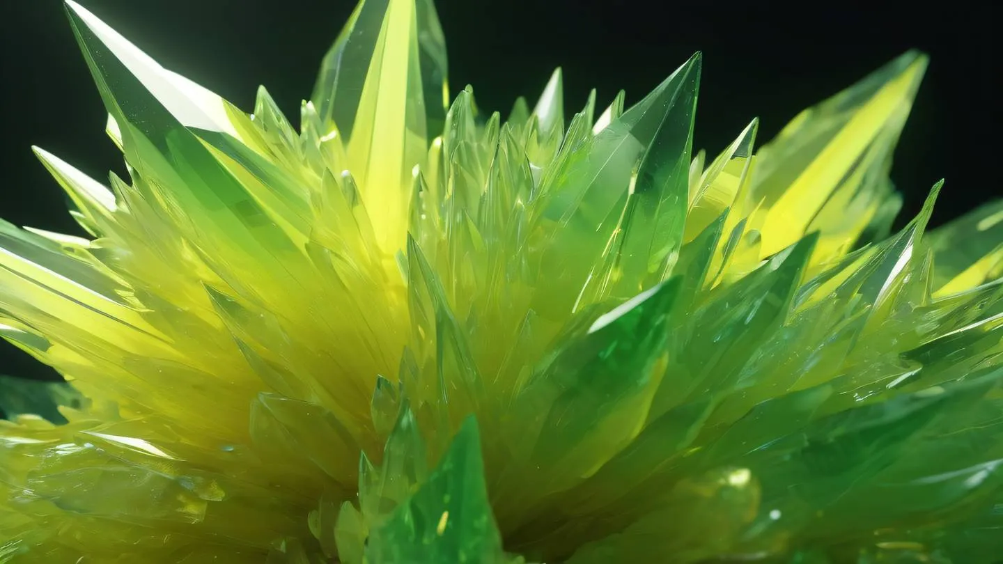 Abstract flowing crystal formation with smooth curves and sharp edges featuring sunshine yellow and fluorescent green gradients captured from a low angle perspective with dramatic lighting high-quality ultra-realistic cinematic 8K UHD high resolution sharp and detail