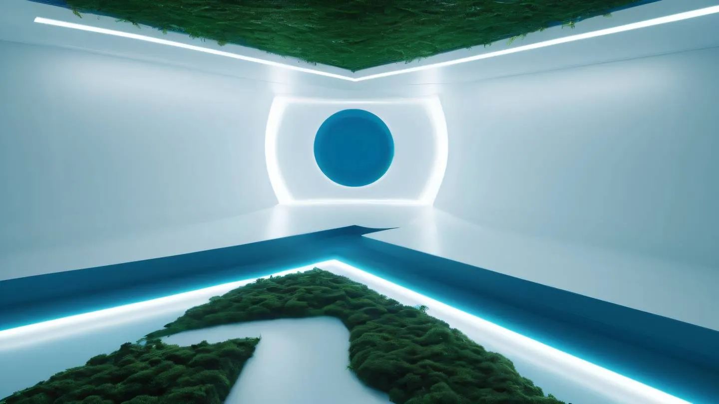 Futuristic minimalist interior with floating geometric shapes dominated by sapphire blue and seaweed green viewed from a birds-eye perspective featuring clean lines and ambient lighting high-quality ultra-realistic cinematic 8K UHD high resolution sharp and detail