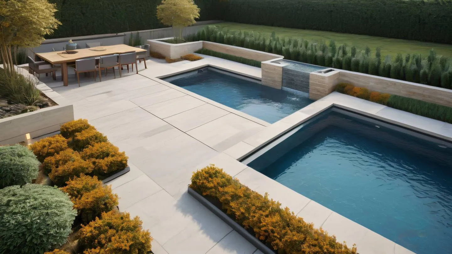 Modern garden terrace with geometric patterns and water features illuminated by natural light featuring stone blue and amber color palette captured from an elevated front view high-quality ultra-realistic cinematic 8K UHD high resolution sharp and detail