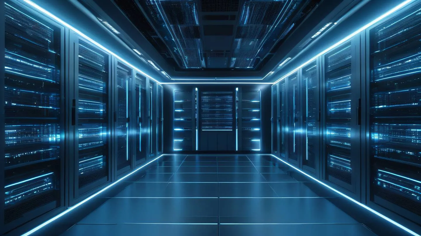 A futuristic server room with floating holographic data streams featuring metallic silver and electric blue color scheme geometric patterns viewed from a low angle perspective high-quality ultra-realistic cinematic 8K UHD high resolution sharp and detail