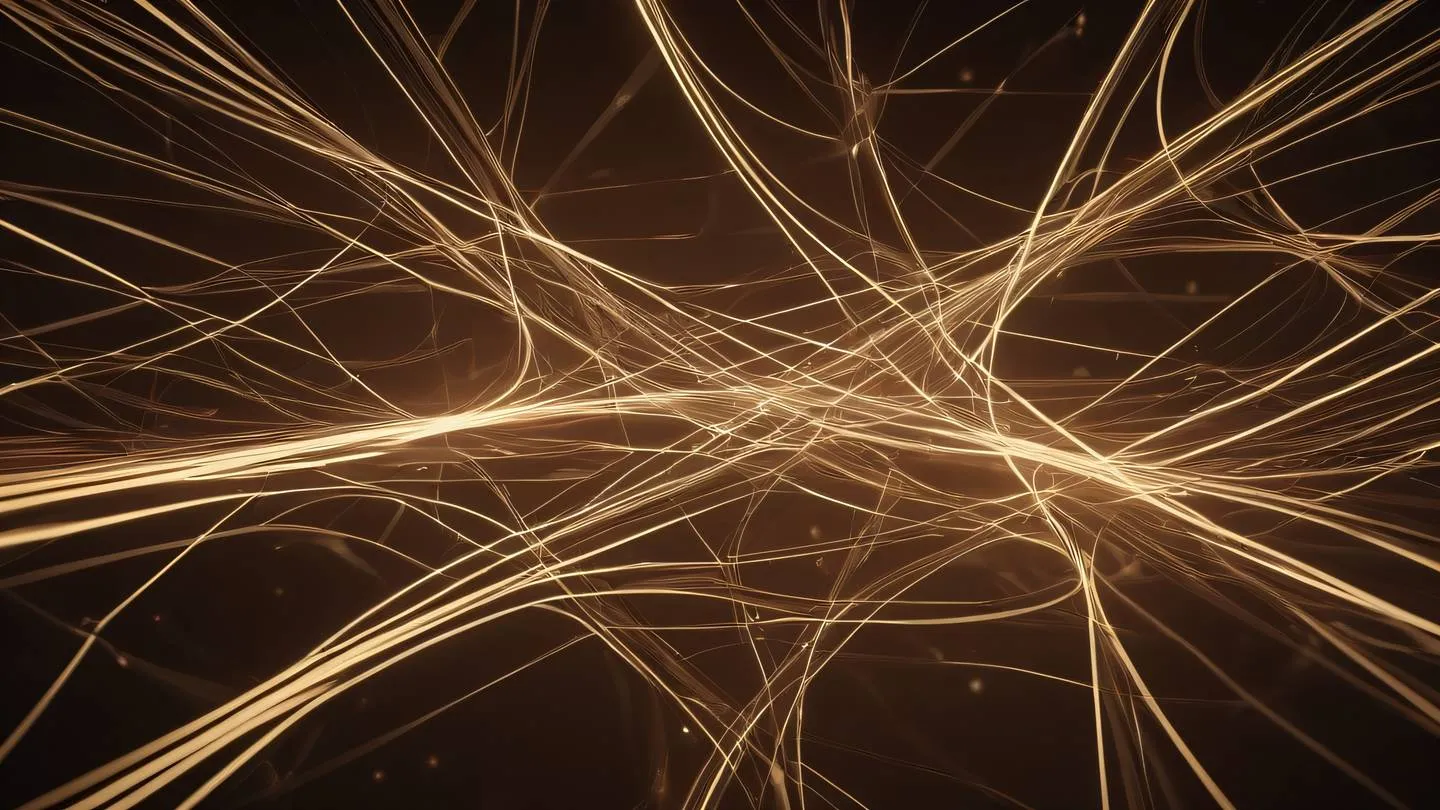 Abstract visualization of network connections featuring interweaving light trails against a rich brown and cream backdrop flowing paths connecting nodes captured from bird's eye view high-quality ultra-realistic cinematic 8K UHD high resolution sharp and detail