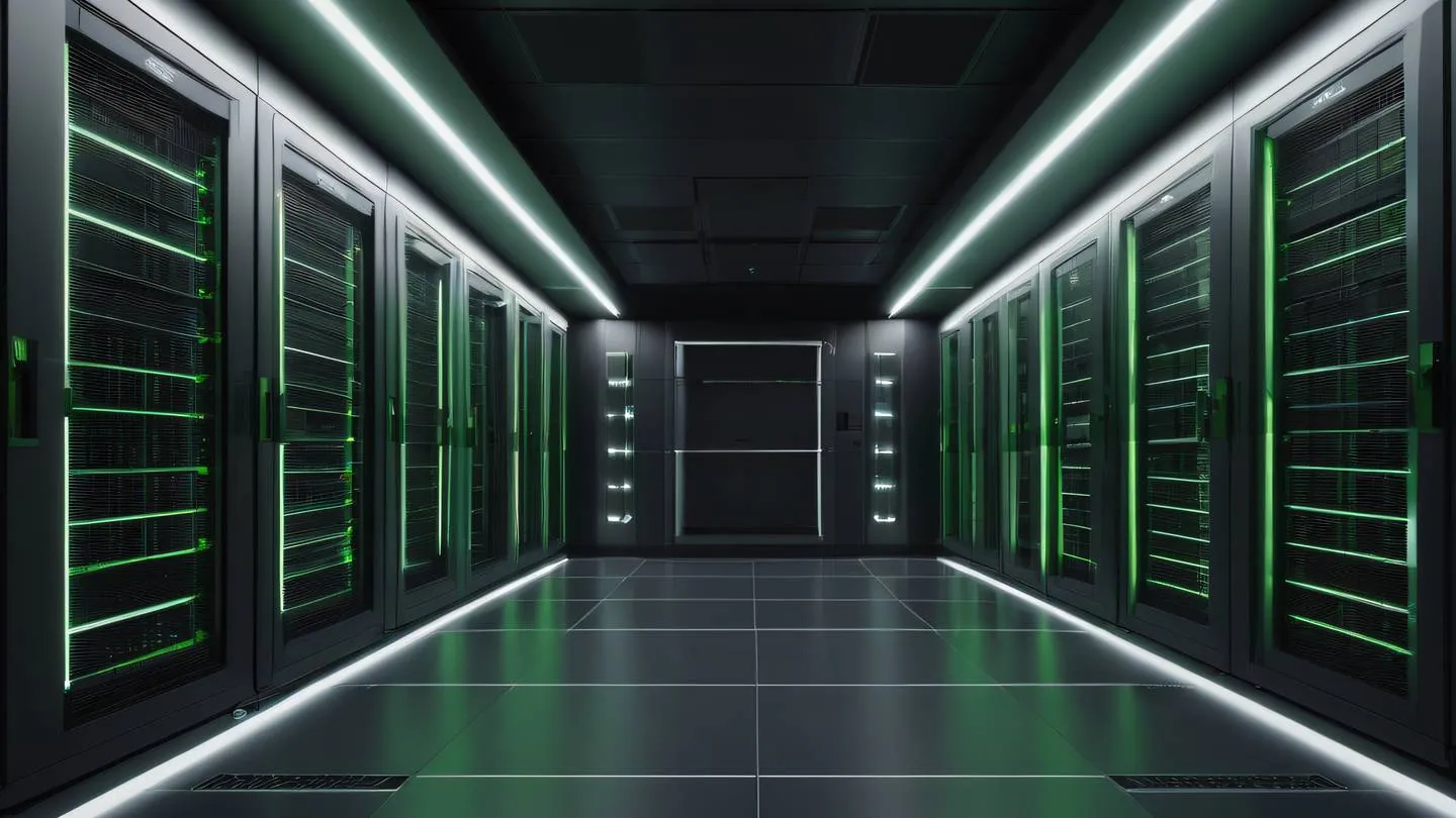 Modern minimalist data center architecture with sleek lines and geometric shapes featuring neon green and white accents against charcoal grey surfaces shot from a dramatic upward angle high-quality ultra-realistic cinematic 8K UHD high resolution sharp and detail