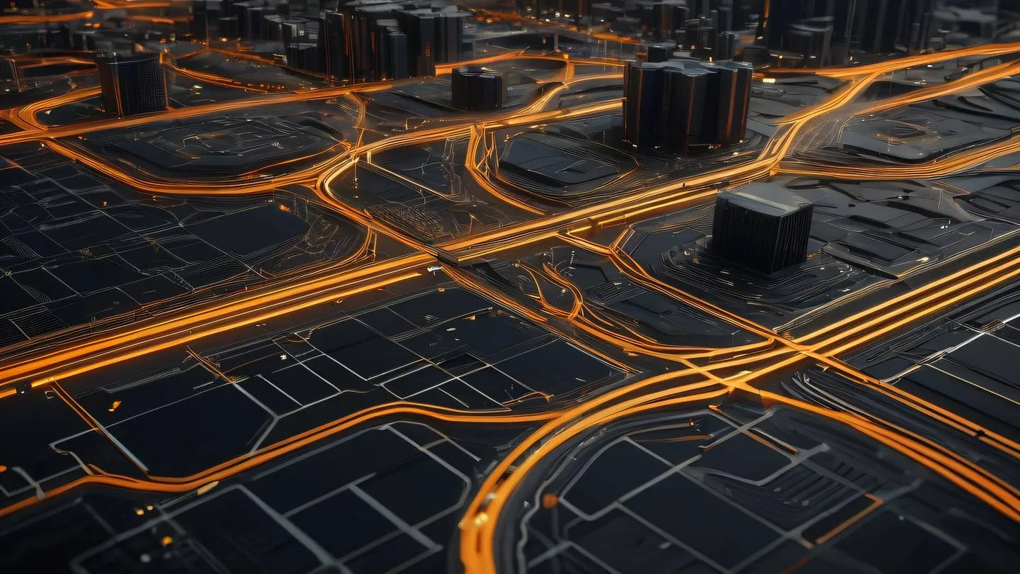 Abstract technological landscape with interconnected nodes and pathways featuring bright orange and metallic gold elements floating in a deep charcoal space captured from a sweeping side angle high-quality ultra-realistic cinematic 8K UHD high resolution sharp and detail