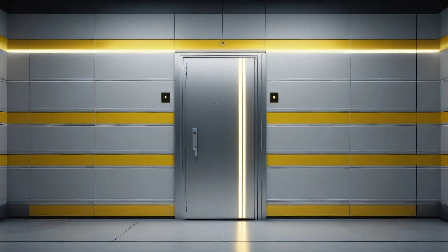 Futuristic minimalist security vault door with glowing white and yellow accent lines photographed straight on emphasizing symmetry and technology high-quality ultra-realistic cinematic 8K UHD high resolution sharp and detail