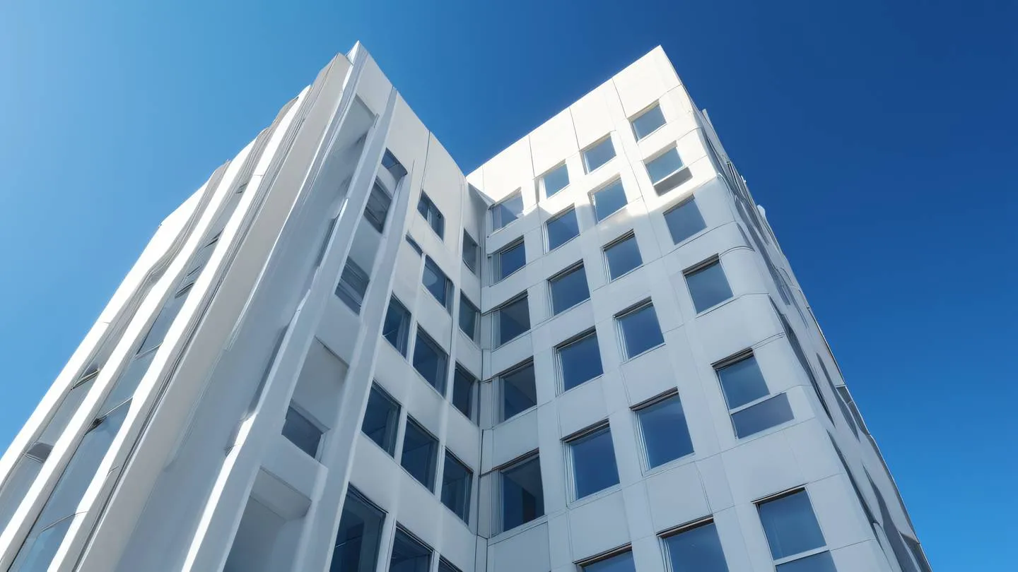 Abstract architectural photograph of modern white geometric building against bright blue sky captured from a dramatic upward angle featuring clean lines and off-white surfaces casting sharp shadows high-quality ultra-realistic cinematic 8K UHD high resolution sharp and detail