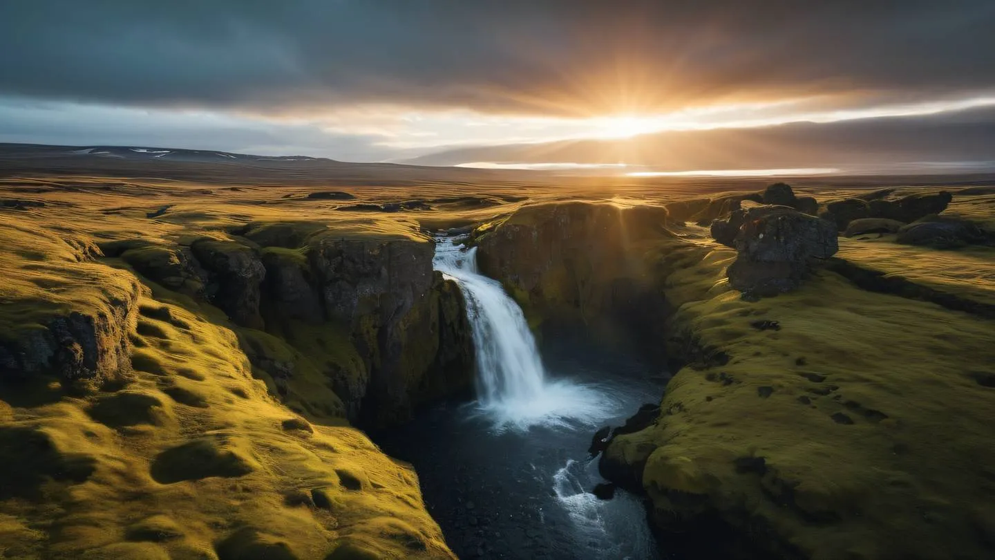 Iceland nature landscape with cascading waterfalls surrounded by moss-covered rocks featuring streams of orange and white sunlight breaking through clouds captured from an aerial perspective high-quality ultra-realistic cinematic 8K UHD high resolution sharp and detail