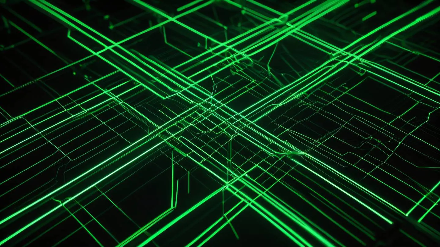 Abstract network of glowing neon green lines and nodes against pitch black background interconnected in geometric patterns captured from above view representing data flow and connections high-quality ultra-realistic cinematic 8K UHD high resolution sharp and detail