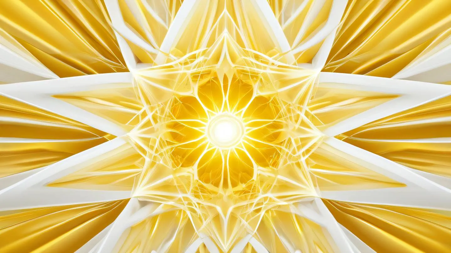 Abstract digital art representing growth and development featuring interconnected geometric shapes emerging from a central point rendered in bright yellow and white gradient with flowing energy streams symbolizing the journey of learning React high-quality ultra-realistic cinematic 8K UHD high resolution sharp and detail