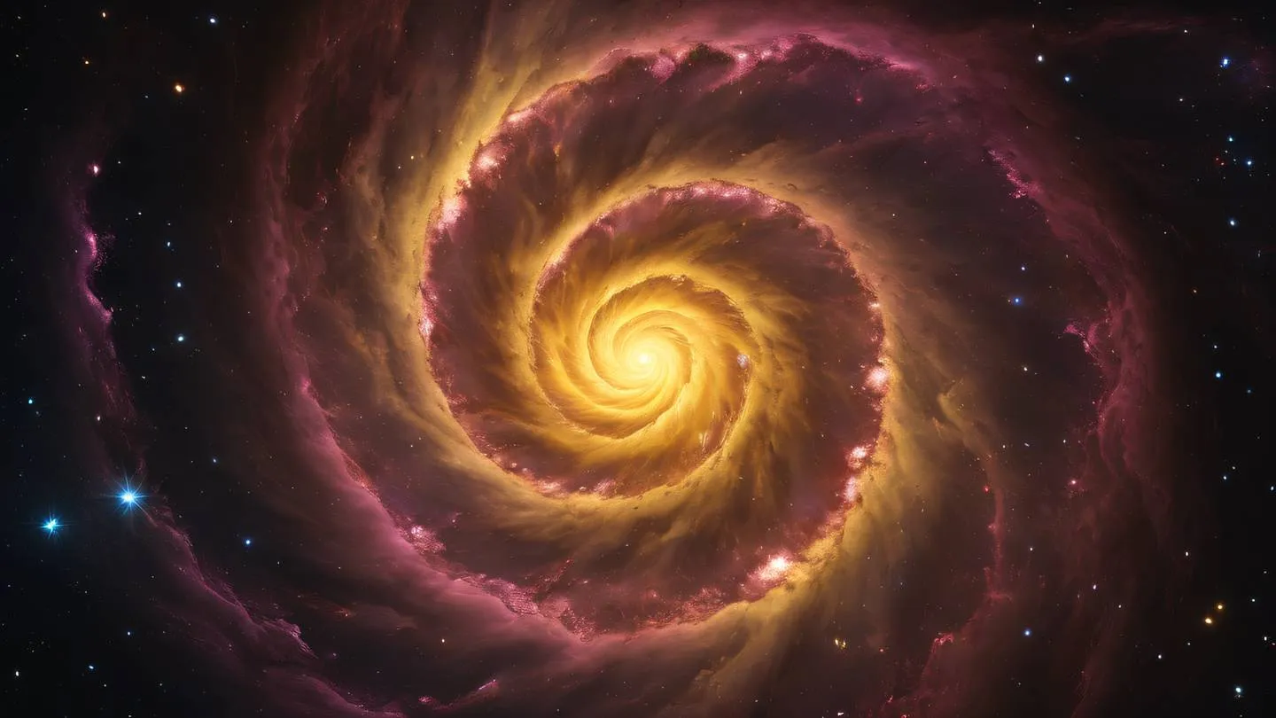 Cosmic nebula in vibrant yellow and rose colors swirling in a spiral pattern against a dark background representing the creation and initialization of a new project high-quality ultra-realistic cinematic 8K UHD high resolution sharp and detail