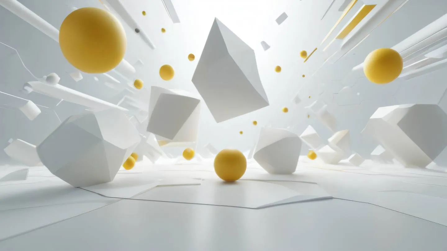 Abstract 3D rendered shapes floating in space with soft white and yellow gradient colors representing components and their interactions with flowing light streams connecting various geometric forms high-quality ultra-realistic cinematic 8K UHD high resolution sharp and detail