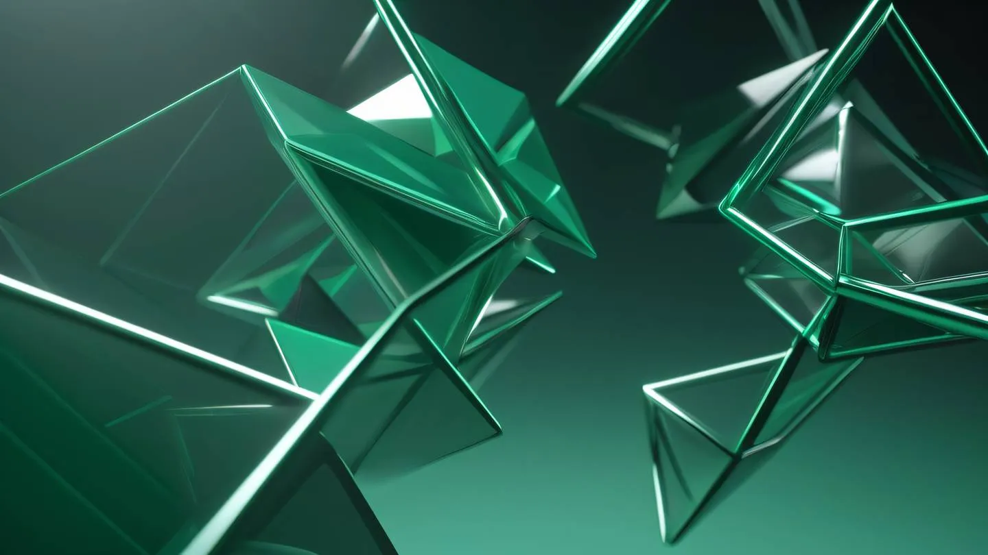 Abstract 3D render of interconnected geometric shapes floating in space representing component hierarchy and reusability with metallic silver and emerald green gradients featuring smooth transitions and flowing forms high-quality ultra-realistic cinematic 8K UHD high resolution sharp and detail