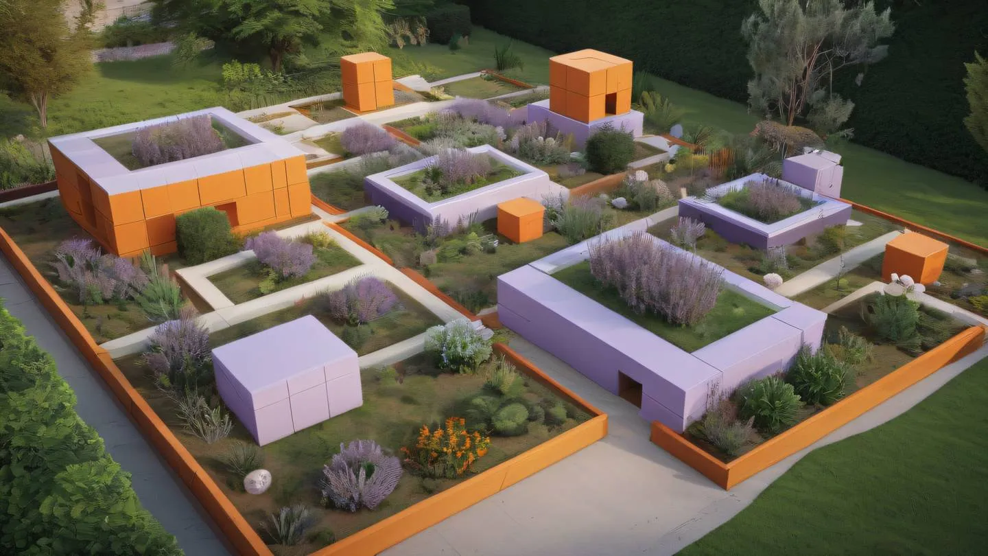 Artistic visualization of modular building blocks floating in a serene garden landscape with warm orange and dusty lavender colors blending together featuring geometric patterns and organic shapes high-quality ultra-realistic cinematic 8K UHD high resolution sharp and detail