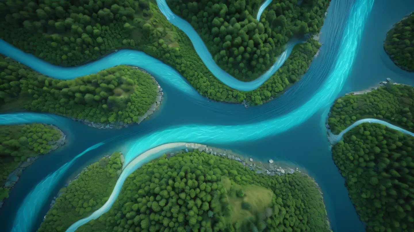 Aerial view of flowing rivers connecting various geometric islands representing data flow and component communication with shimmering blue and teal colors featuring organic patterns and natural elements high-quality ultra-realistic cinematic 8K UHD high resolution sharp and detail