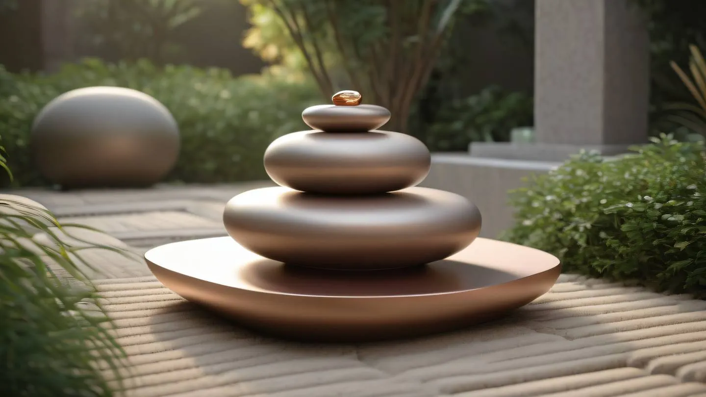 Modern minimalist 3D sculpture in a peaceful zen garden representing harmony and structure with neutral and rose gold colors featuring clean lines and balanced composition high-quality ultra-realistic cinematic 8K UHD high resolution sharp and detail