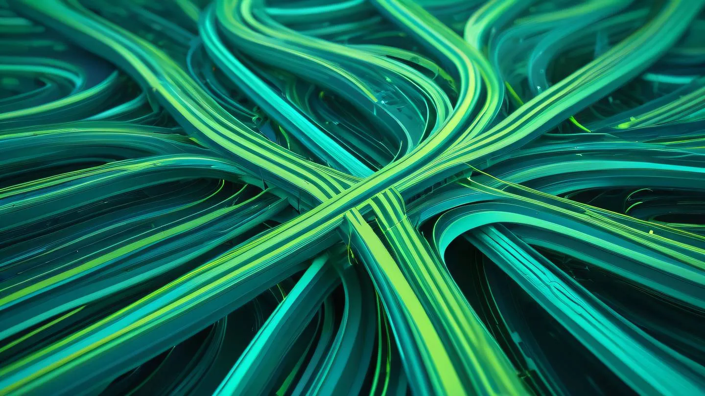 A vibrant abstract 3D digital art showing multiple flowing paths diverging and merging rendered in bright teal and lime gradients representing different conditional paths in programming high-quality ultra-realistic cinematic 8K UHD high resolution sharp and detail