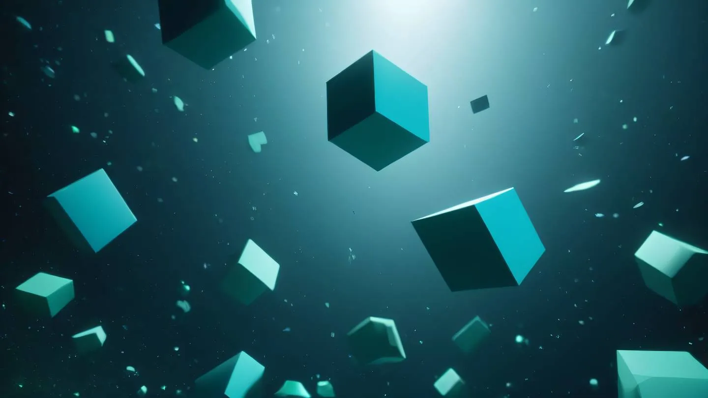 Abstract geometric shapes floating in space some visible and others fading away rendered in natural and cool colors with emphasis on bright blues and greens symbolic of conditional visibility high-quality ultra-realistic cinematic 8K UHD high resolution sharp and detail