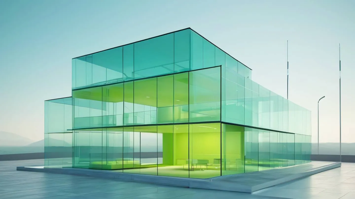 Modern minimalist architectural structure with interconnected transparent and opaque sections rendered in bright lime and teal colors against a clean background representing conditional states and transparency high-quality ultra-realistic cinematic 8K UHD high resolution sharp and detail