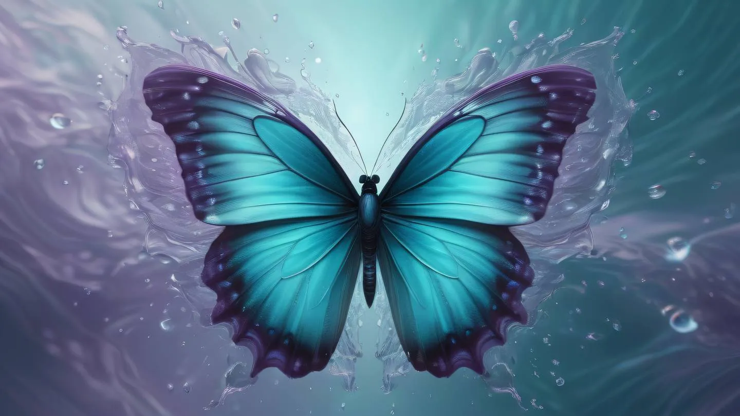 An ethereal digital painting of a butterfly effect pattern with ripples emanating from a central point in shimmering teal and dusty lavender colors representing the chain reaction of events high-quality ultra-realistic cinematic 8K UHD high resolution sharp and detail