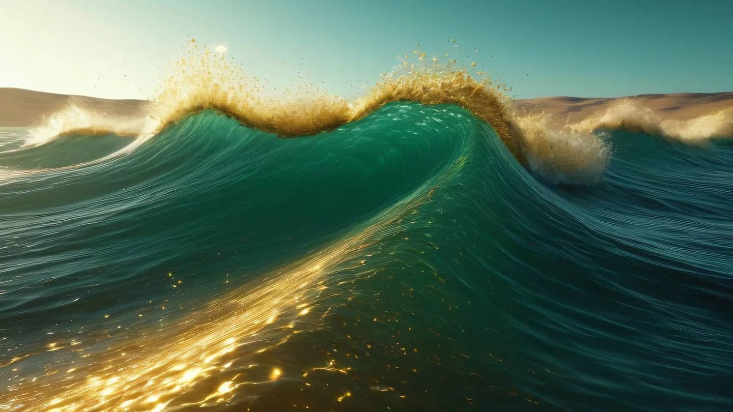 A surreal landscape digital art with floating particles transforming into waves using warm golden and emerald colors symbolizing the flow of data and user interactions high-quality ultra-realistic cinematic 8K UHD high resolution sharp and detail