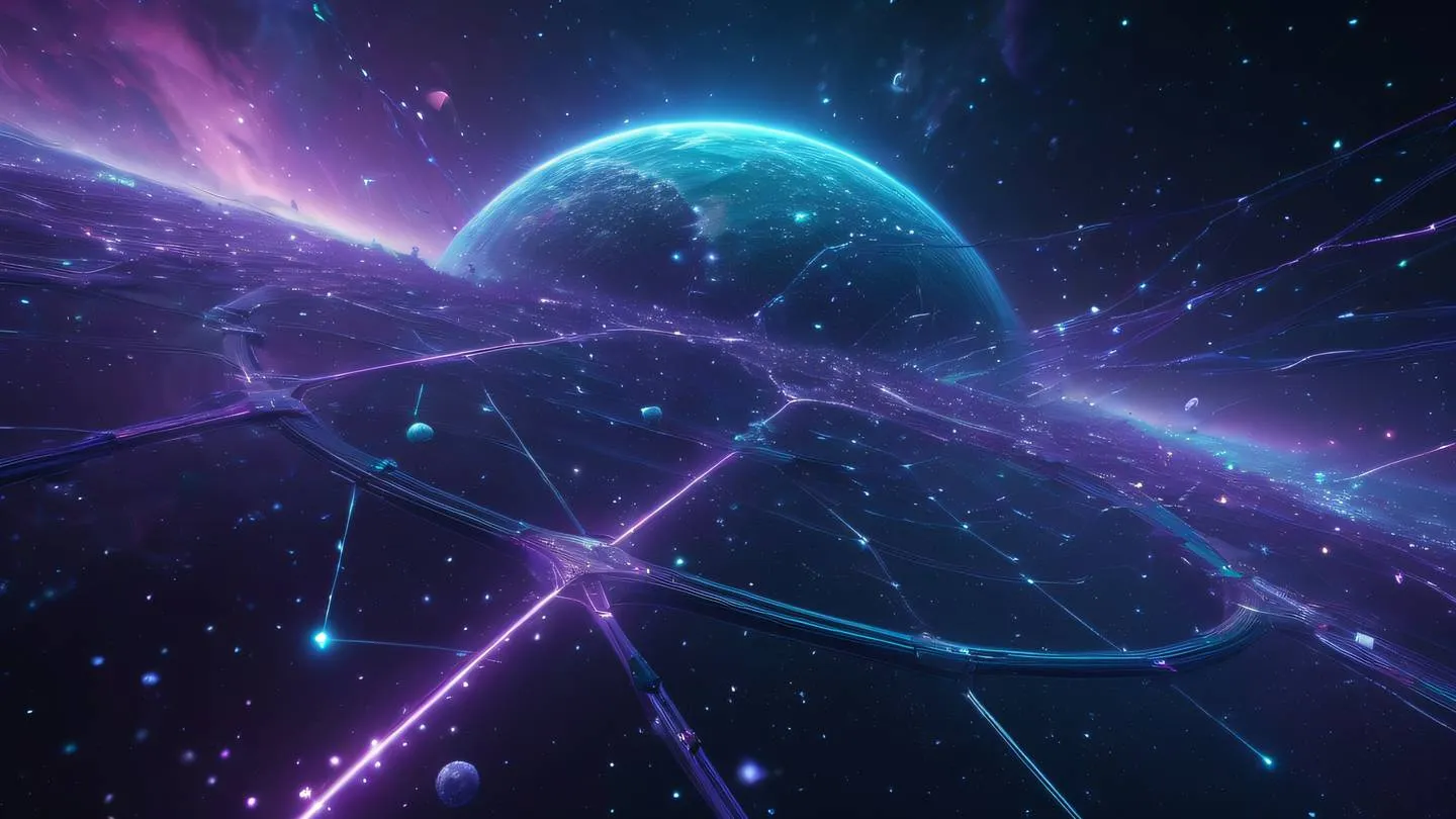 Abstract cosmic scene with interconnected nodes and pathways floating in space featuring vibrant violet and cyan colors with subtle metallic accents representing the seamless flow of event handling high-quality ultra-realistic cinematic 8K UHD high resolution sharp and detail