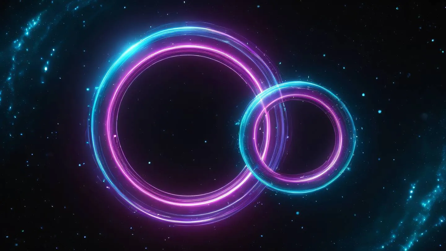 Abstract digital art visualization of two interconnected neon rings floating in space representing useState and useEffect hooks with flowing energy streams in bright cyan and magenta colors surrounded by particle effects in a dark void high-quality ultra-realistic cinematic 8K UHD high resolution sharp and detail