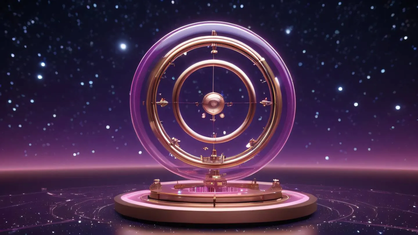 3D rendered cosmic scene showing a perpetual motion machine with floating geometric shapes in rose gold and neon purple orchestrating an infinite loop of cause and effect set against a starry background high-quality ultra-realistic cinematic 8K UHD high resolution sharp and detail