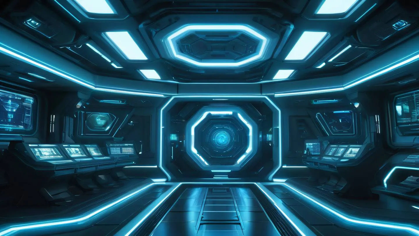 A futuristic space station interior with multiple interconnected chambers glowing with neon blue and lime green light representing React's component hierarchy and state management featuring holographic displays and energy fields high-quality ultra-realistic cinematic 8K UHD high resolution sharp and detail