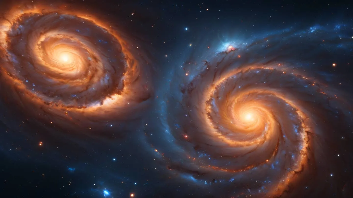 Cosmic space scene with spiral galaxies and nebulae in warm orange and navy blue colors symbolizing the vast possibilities and interconnected nature of React ecosystem high-quality ultra-realistic cinematic 8K UHD high resolution sharp and detail