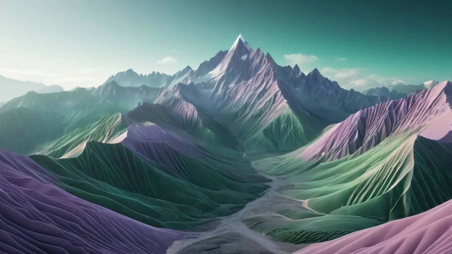 Abstract mountain landscape with geometric patterns featuring flowing gradients in dusty lavender and emerald colors representing growth and progress in development journey high-quality ultra-realistic cinematic 8K UHD high resolution sharp and detail