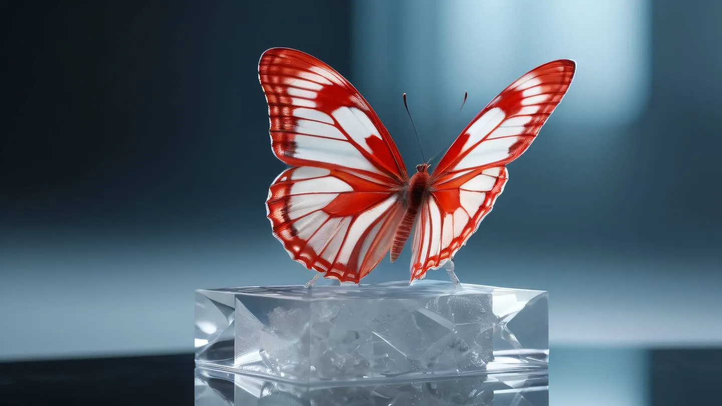 A graceful red and white butterfly with intricate patterns on its wings perched on a translucent crystal structure symbolizing transformation and unique identification high-quality ultra-realistic cinematic 8K UHD high resolution sharp and detail