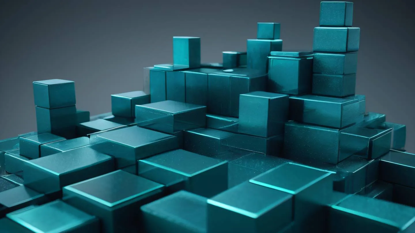 Abstract 3D render of building blocks coming together to form a structured foundation featuring geometric shapes in shimmering teal navy and silver tones conveying the concept of project setup and organization high-quality ultra-realistic cinematic 8K UHD high resolution sharp and detail